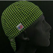 Green and black houndstooth welding hat made from preshrunk cotton, handcrafted by HD Welding Hats with FR denim brim, Made in the USA.