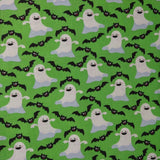 Merin & Poe Welding Cap with white ghosts and black bats on green cotton, handmade in the USA by HD Welding Hats with FR denim brim.