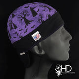 Custom 2-Tone Welding Cap showing alternate color placement—black brim and edge band with purple Halloween print.