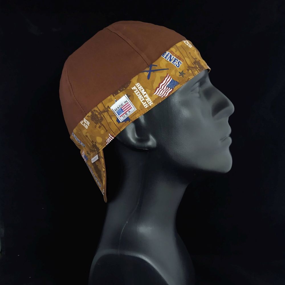 Military 2-Tone Welding Cap with solid brown crown and military print brim, handmade in the USA by HD Welding Hats.