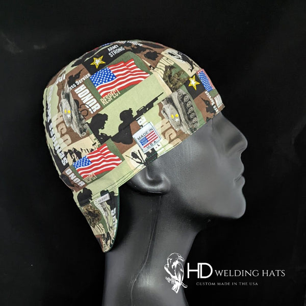 Side view of the Army Strong Welding Cap with Army camouflage print, U.S. flags, and soldier silhouettes — handcrafted by HD Welding Hats.