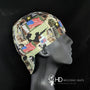 Side view of the Army Strong Welding Cap with Army camouflage print, U.S. flags, and soldier silhouettes — handcrafted by HD Welding Hats.