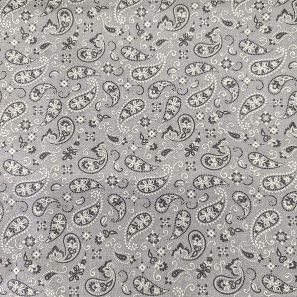 Gray Paisley Bandanna Welding Hat fabric featuring white paisley print on gray cotton, handmade by HD Welding Hats with FR denim brim.