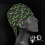 Green Bats Welding Cap made of black cotton with bright green bat print, handcrafted by HD Welding Hats with FR denim brim, Made in the USA.