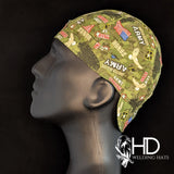Side view of the Army Honor Welding Cap in green camouflage with U.S. Army insignias, American flags, and “Army Strong” text — handcrafted by HD Welding Hats.