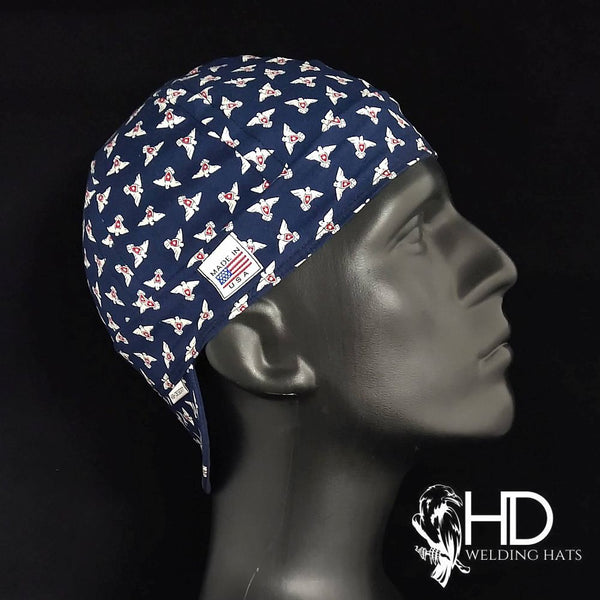 Side view of the Andover Welding Cap in navy cotton fabric with small patterned print and “Made in USA” label — handcrafted by HD Welding Hats.