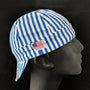 Side view of the Blue & White Stripe Welding Hat featuring railroad-style blue and white stripes — handcrafted by HD Welding Hats.