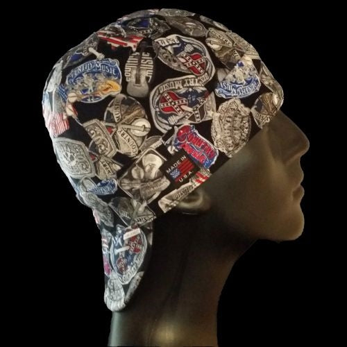 Country Music Welding Hat with collage of classic country logos on black background, custom handmade by HD Welding Hats.