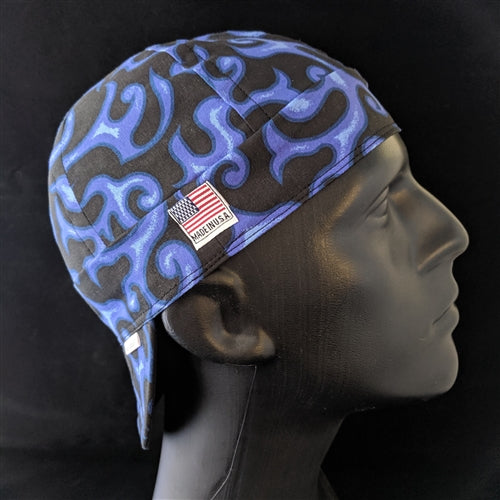 On Fire Black/Purple Welding Cap featuring purple flame design on black cotton, handmade in the USA by HD Welding Hats with FR denim brim.