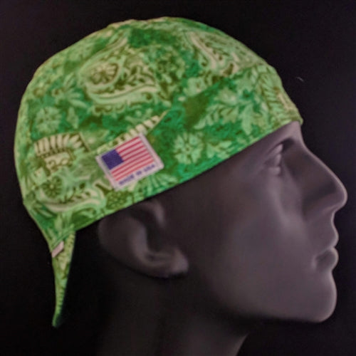 Jade Jewel Welding Cap with green batik-inspired print, FR denim brim, and Made in USA label by HD Welding Hats.
