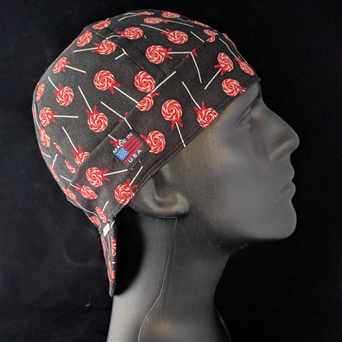HD Welding Hats Peppermint Lollypop Welding Cap – red lollipop print on black background, handmade in the USA.