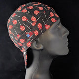 HD Welding Hats Peppermint Lollypop Welding Cap – red lollipop print on black background, handmade in the USA.