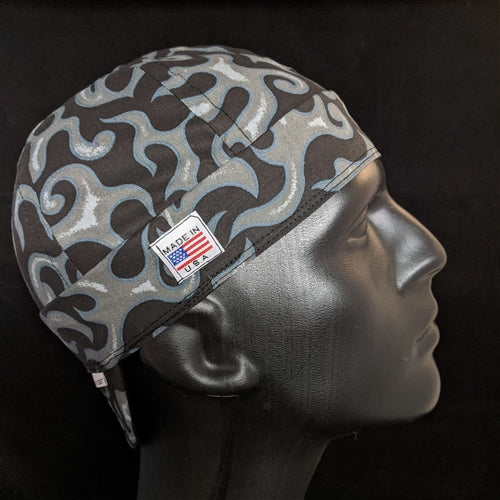 On Fire Black/Gray Welding Cap with gray flame pattern on black cotton, handmade in the USA by HD Welding Hats with FR denim brim.