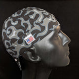 On Fire Black/Gray Welding Cap with gray flame pattern on black cotton, handmade in the USA by HD Welding Hats with FR denim brim.