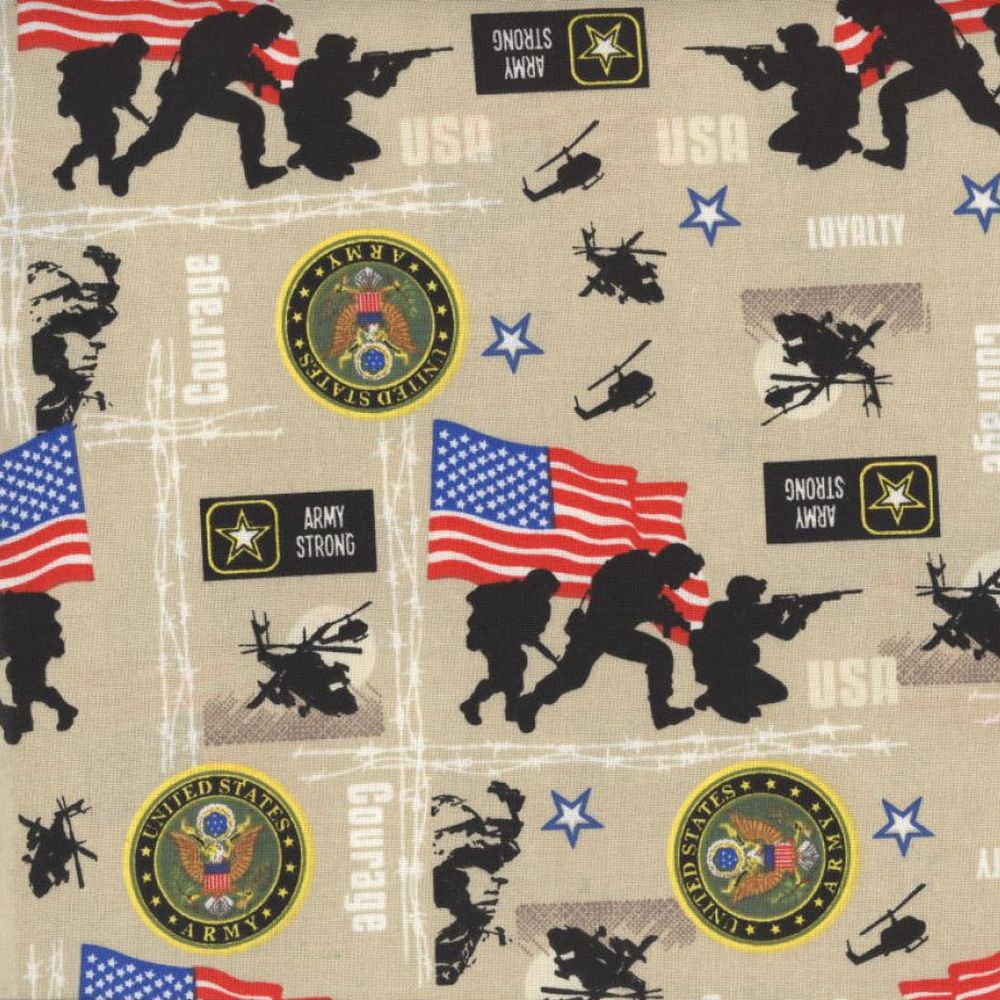 Fabric for the Army Courage Welding Cap featuring tan background with U.S. Army seals, soldiers, helicopters, and American flags — handcrafted by HD Welding Hats.