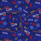 Navy Courage Welding Cap with patriotic anchor, ship wheel, and flag design on navy cotton, handmade in the USA by HD Welding Hats with FR denim brim.