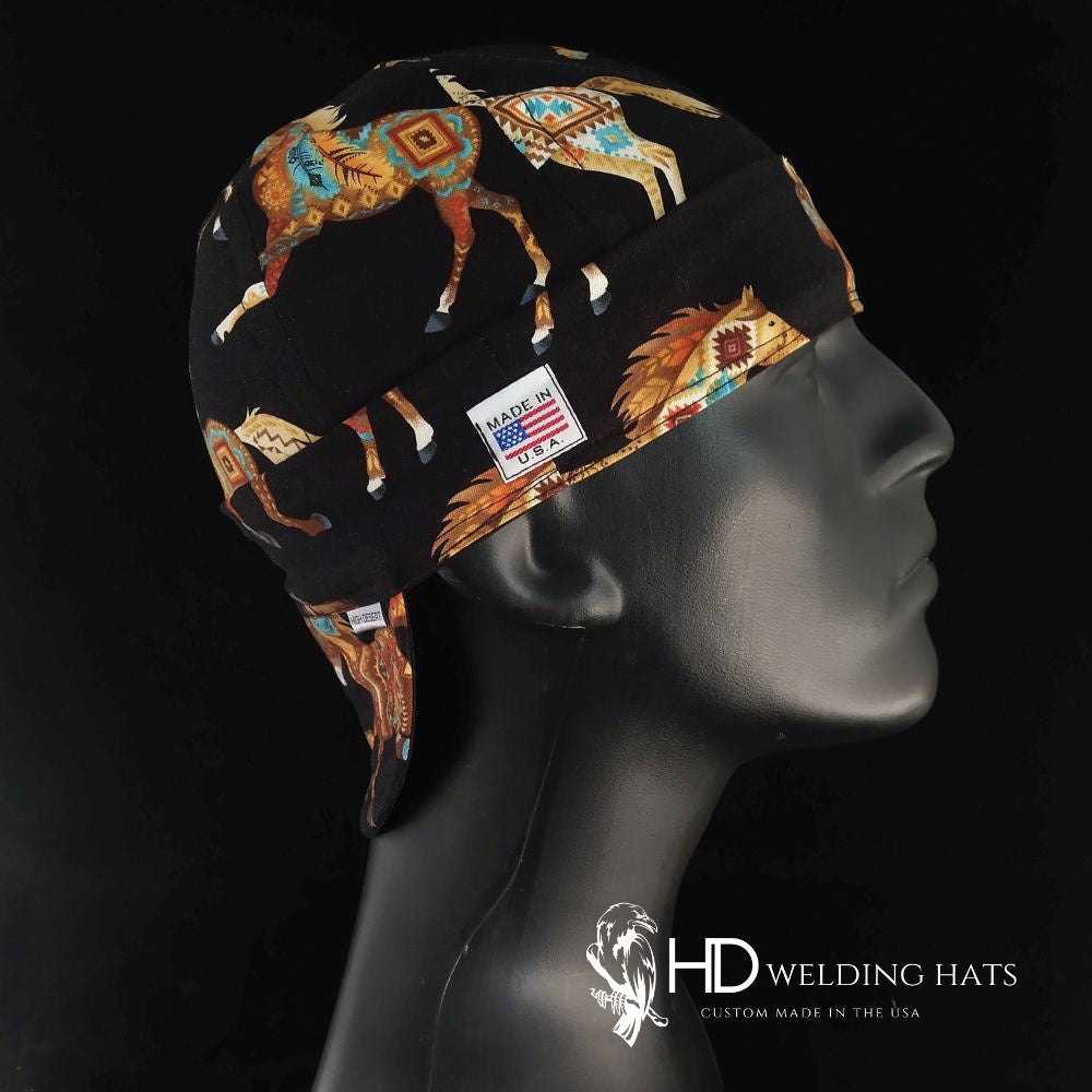 Painted Ponies Welding Hat featuring southwest horse pattern on black cotton, handmade in the USA by HD Welding Hats.