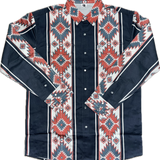 Navy blue shirt with red and white geometric pattern on a white background