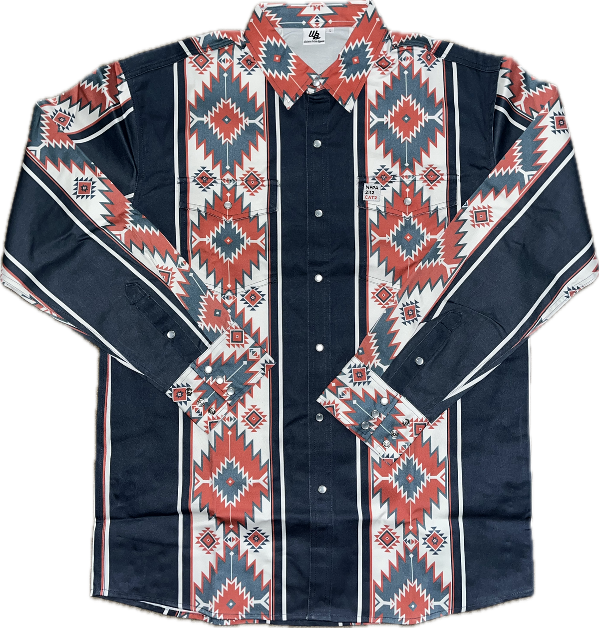 Navy blue shirt with red and white geometric pattern on a white background