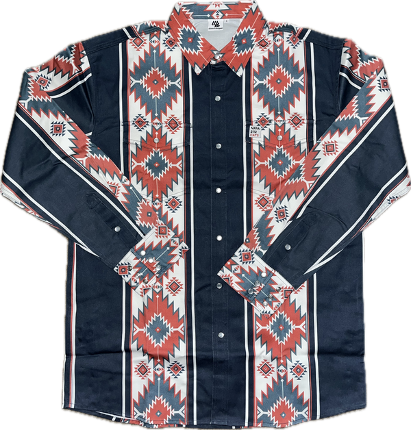 Navy blue shirt with red and white geometric pattern on a white background