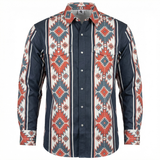 FR Navy work shirt with a colorful geometric pattern on a white background 