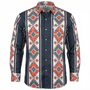 FR Navy work shirt with a colorful geometric pattern on a white background 