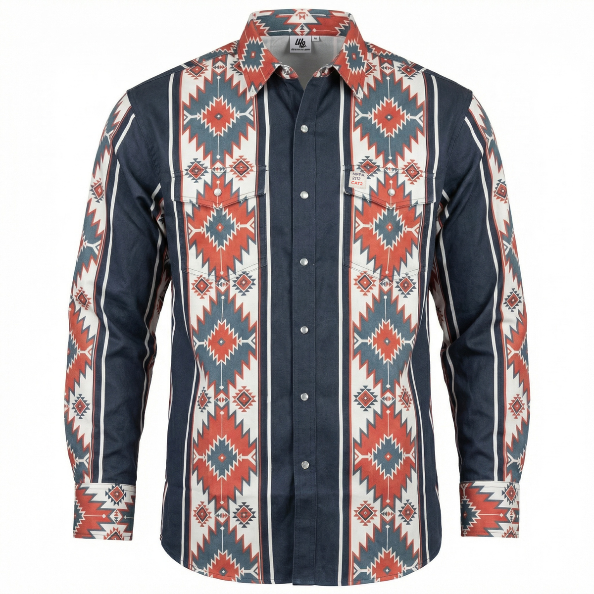 FR Navy work shirt with a colorful geometric pattern on a white background 