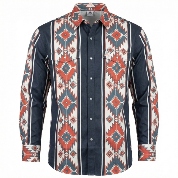 FR Navy work shirt with a colorful geometric pattern on a white background 