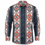 FR Navy work shirt with a colorful geometric pattern on a white background 