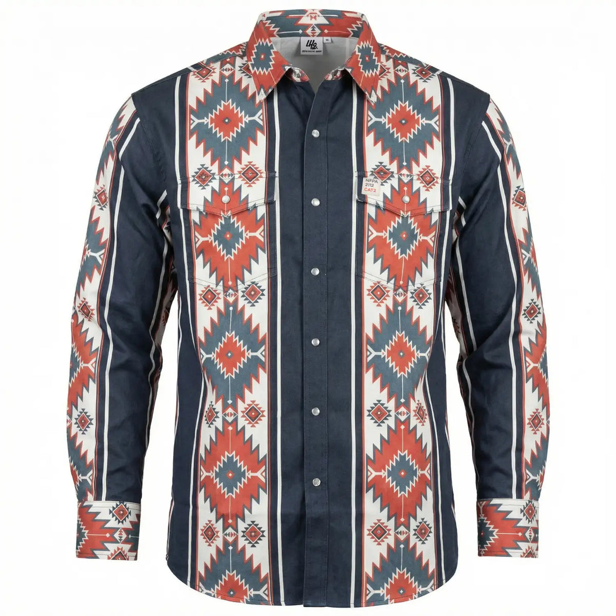 FR Navy work shirt with a colorful geometric pattern on a white background 