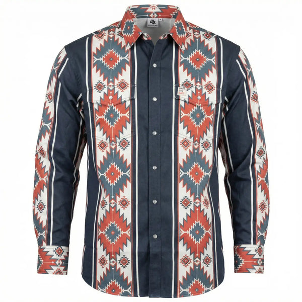 FR Navy work shirt with a colorful geometric pattern on a white background 