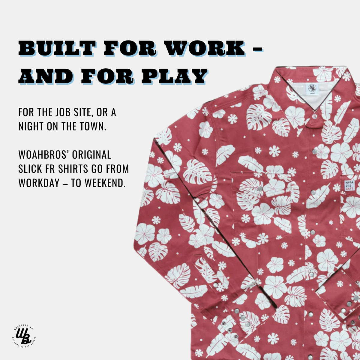 Red shirt with white floral pattern on a white background, featuring promotional text.