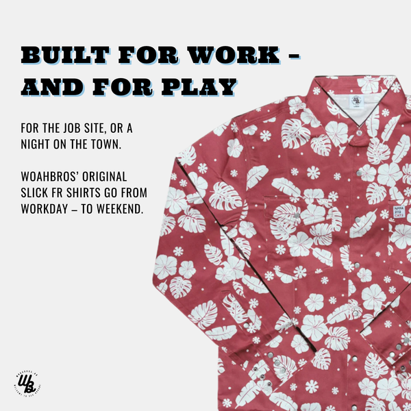 Red shirt with white floral pattern on a white background, featuring promotional text.