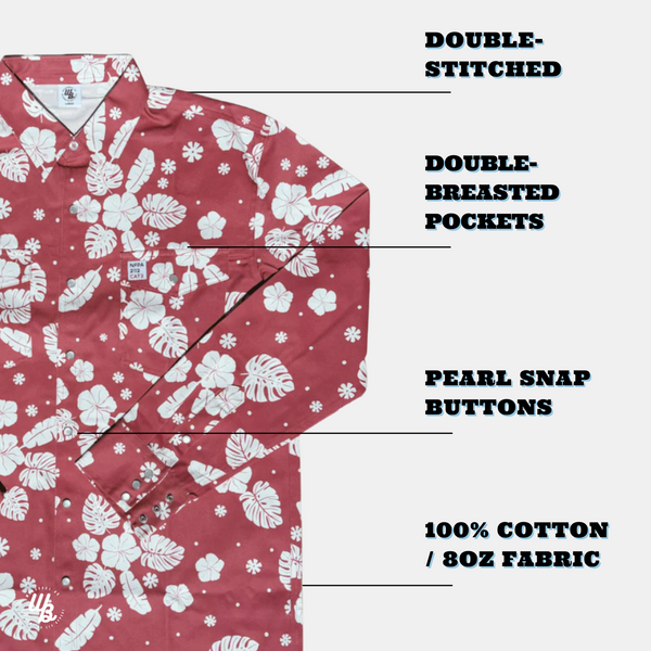 Red shirt with white floral pattern, labeled features on a white background