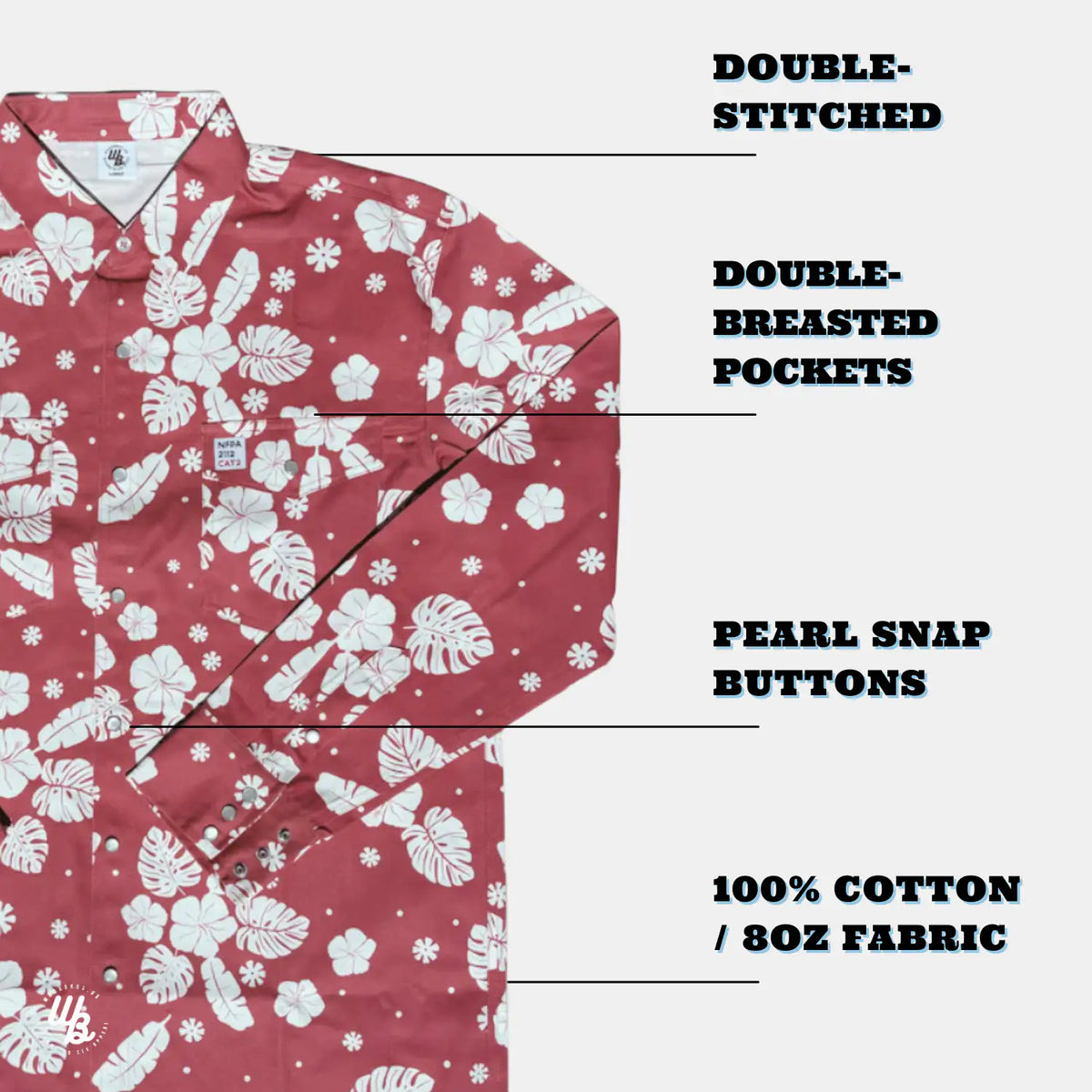Red shirt with white floral pattern, labeled features on a white background