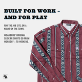 Maroon shirt with geometric patterns on a white background, featuring text about versatility.