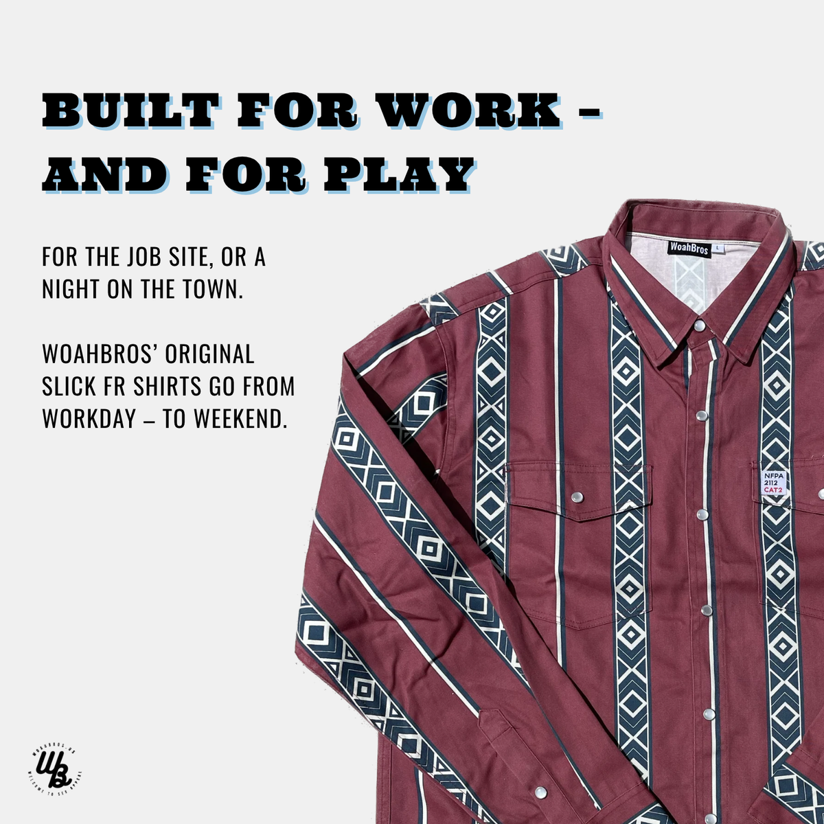 Maroon shirt with geometric patterns on a white background, featuring text about versatility.