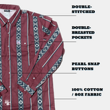 Maroon shirt with geometric pattern and text highlighting features on a white background