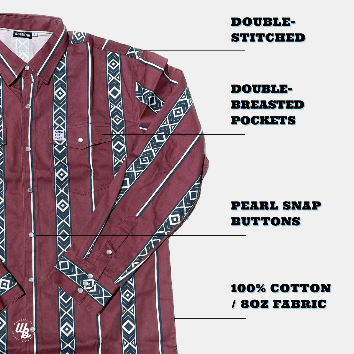Maroon shirt with geometric pattern and text highlighting features on a white background