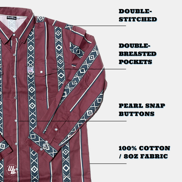 Maroon shirt with geometric pattern and text highlighting features on a white background