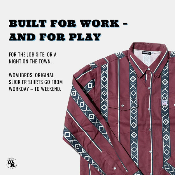 Maroon shirt with geometric patterns on a white background, featuring text about versatility.