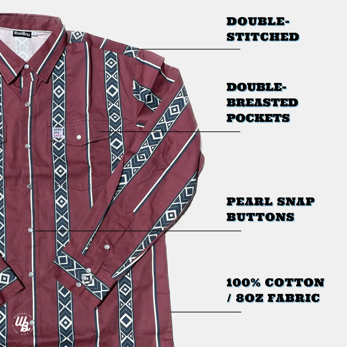 Maroon shirt with geometric pattern and text highlighting features on a white background