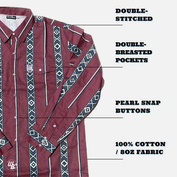 Maroon shirt with geometric pattern and text highlighting features on a white background