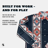 Patterned shirt with text about versatility on a white background