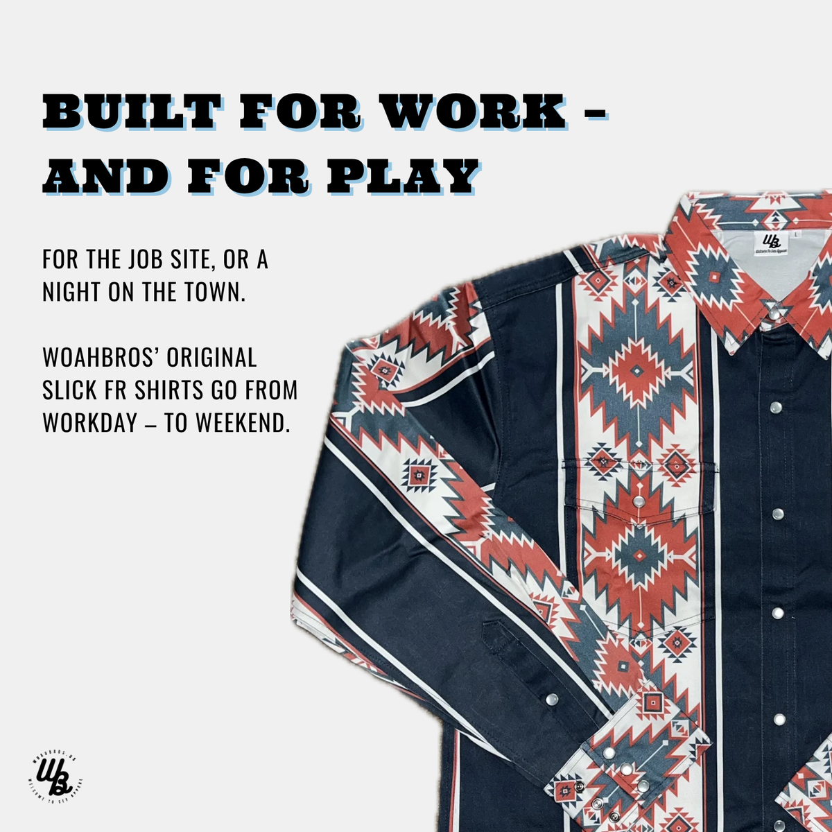 Patterned shirt with text about versatility on a white background