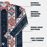 Western-style shirt with geometric pattern and text highlighting features on a white background
