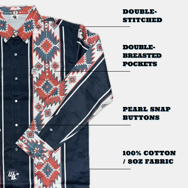 Western-style shirt with geometric pattern and text highlighting features on a white background