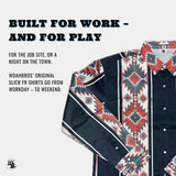 Patterned shirt with text about versatility on a white background