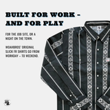Black shirt with white patterns on a gray background, featuring promotional text.