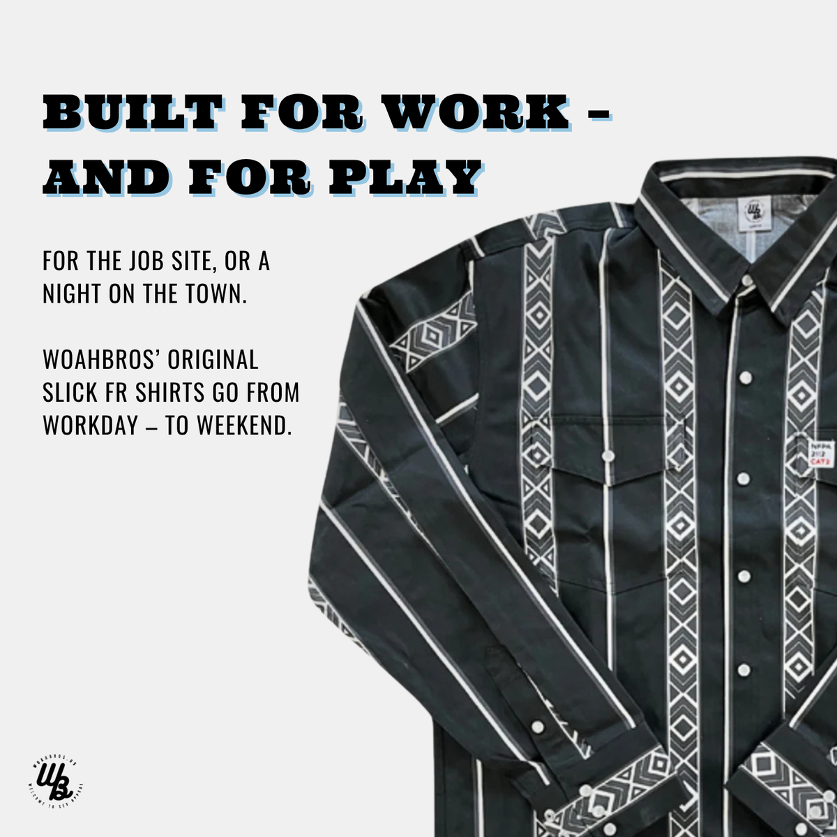 Black shirt with white patterns on a gray background, featuring promotional text.